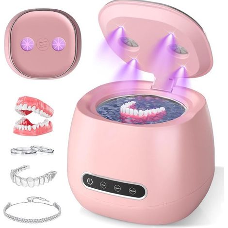 Wiederaufladbarer Ultraschall-Zahnprothesenreiniger (45 kHz) für Zahnprothesen, Retainer, Aligner, Zahnbürsten und Schmuck (rosa)