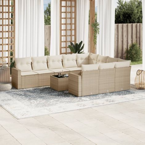 Ensemble salon de jardin modulaire 10 places en résine tressée beige avec coussins gris - 2 fauteuils d'angle + 6 sièges + 2 canapés (1/5)