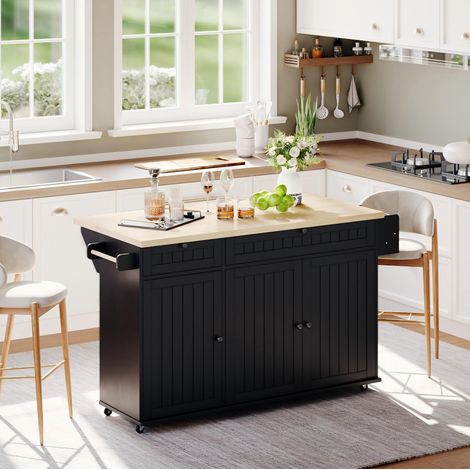 Isola cucina con piano ribaltabile, 6 ruote con freno, nero, 137 x 70 x 89,5 cm DESVIAE (1/5)