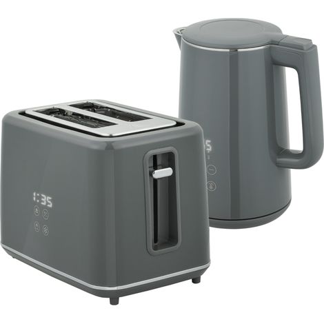 Digital Stainless Steel Kettle and Toaster Set, 1.5L 3000W Fast Boil Kettle, 2 Slice Toaster with 7 Level Browning Controls, Defrost, Reheat, Keep Warm, Crumb Tray and LED Touch Display, Grey