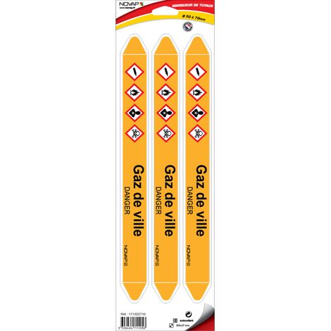 Planche de 3 marqueurs de tuyauterie 355 x 37 mm pour Ø 50 à 70 mm - Gaz de ville - 4711058