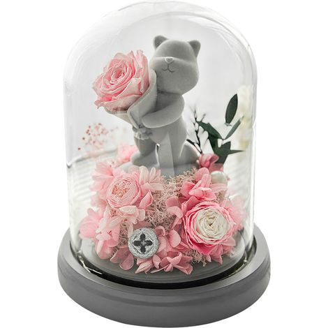 Ours en verre avec roses éternelles et lumières, idéal comme cadeau de Noël ou d'anniversaire pour la famille et les amis