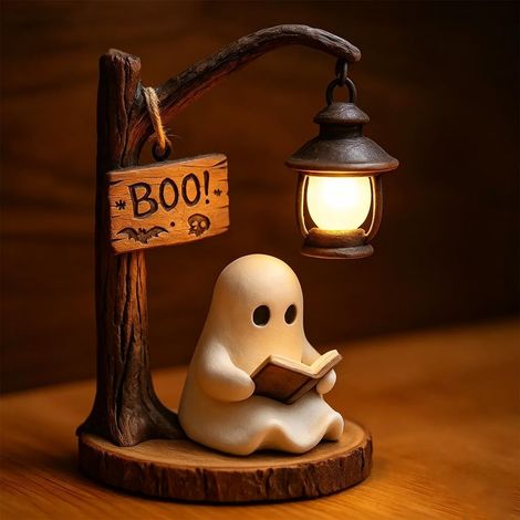 Figurine Fantôme Halloween Luminescente Lisant avec Pancarte Boo, Statue Résine Décorative pour Bureau, Étagère, Fête et Décoration Saisonnière (1/5)