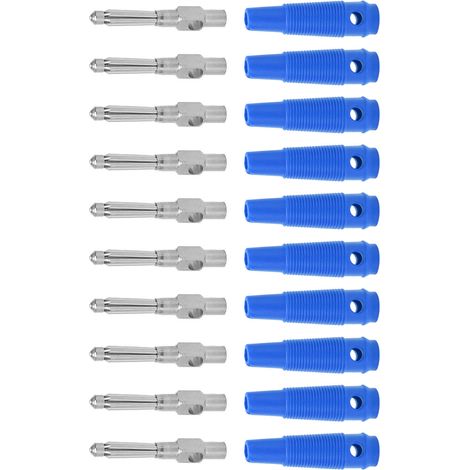 Lot de 10 fiches bananes mâles empilables 4mm 7 broches cuivre 1000V 32A avec gaines souples bleues vissées (1/5)