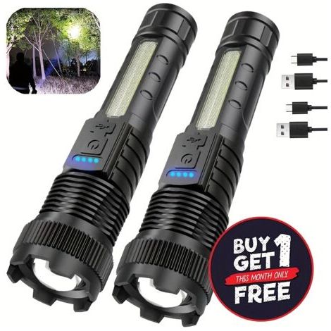 Achetez 1, Obtenez 1 Gratuit, Total de 2pcs Lampes de Poche Multifonctionnelles Haute Luminosité Rechargeables à LED avec 6 Modes d'Éclairage, Lumière Latérale COB, USB C, Zoomable, Puissantes Lampes