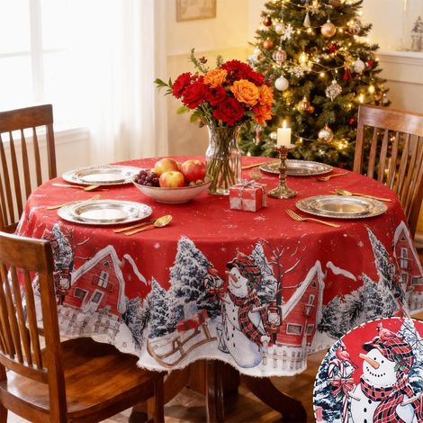 Nappe de table de Noël ronde 140cm lin lavable avec motif bonhomme de neige