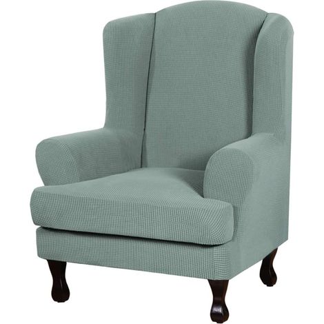 Fundas elásticas para sillones orejeros, jacquard grueso, juego de 2 (verde salvia) (1/5)
