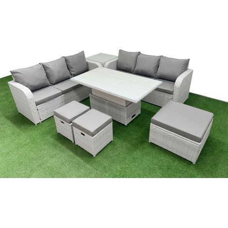 Fimous Outdoor Garden Furniture Sets 9 Seater Wicker Rattan Furniture Sofa Sets with Adjustable Lifting Dining or Coffee Table high Back Lounge Sofa 3 Stools Side Table Light Grey (1/5)