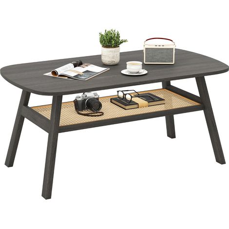 Mesa de centro rectangular 100 x 55 x 44,5 cm con estante de almacenamiento diseño rústico madera de caucho gris oscuro 200013815
