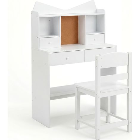 COSTWAY Children Computer Workstation Desk Chair Set Natural Wood White (1/5)