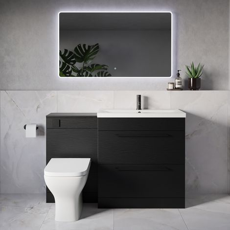 Napoli 390 Nero Oak 1300mm 2 Drawer Vanity Unit Toilet Suite with Glide Basin - 1300mm - Matt Black 480mm HandleWith Kingston Toilet Pan and Seat