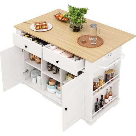 ELVMI Carrello da cucina con 2 Cassetti, 6 Vani, Prese, Piano Pieghevole e Ruote, Bianco Naturale (1/5)