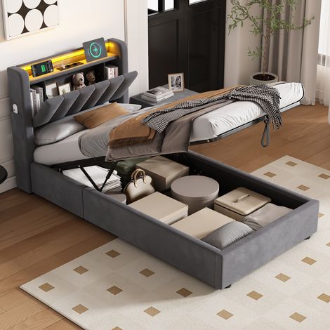 Lit coffre 90x200 cm, lit avec rangement, tête de lit avec 2 prises électriques et 2 ports USB, LED, en velours hollandais gris foncé, sans matelas (1/5)