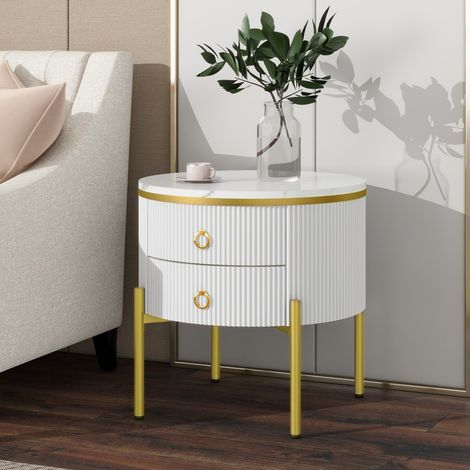 Bout de canapé effet marbre - 50x50x51cm - Table d'appoint avec 2 tiroirs texturés et pieds réglables dorés - Moderne - Blanc (1/5)