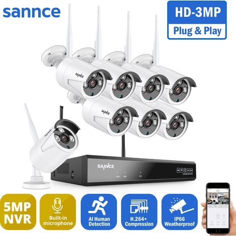 SANNCE 8CH WiFi Kit de Vidéosurveillance 3MP caméra IP Wifi IP66 étanche IR Vision Nocturne Sécurité Domicile Système Vidéo Extérieures 8Caméras (1/5)