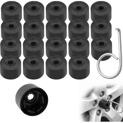 Lot de 20 Cache Ecrou 17mm Noir, Capuchon Boulon de Roue Universel Hexagonal avec Outil de Démontage, Protection de Vis de Roue en Plastique pour Voiture, Hauteur 2,5 cm (1/4)