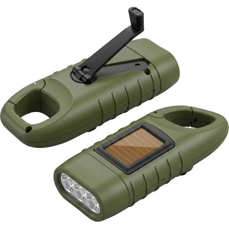 Lampe Torche Solaire Dynamo Rechargeable 2 Pièces, Lampe de Poche Manivelle LED sans Pile avec Mousqueton, Matériel de Survie Étanche pour Camping Randonnée Urgence Panne, Vert (1/5)