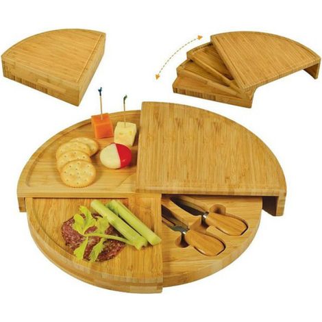 Plateau à Fromages en Bois avec Couteaux – Plateau à Fromage Tournant en Bambou pour 2-3 Pers.,Cadeau Crémaillère Idée Cadeau (1/5)