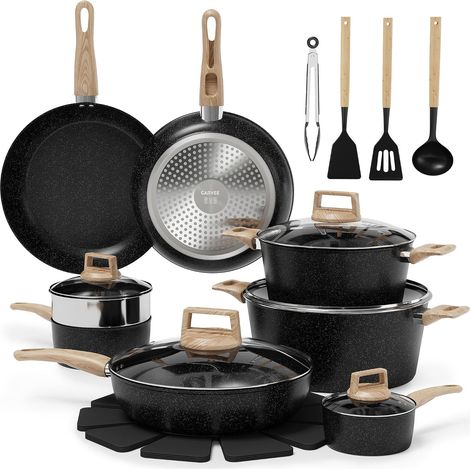 Batterie de cuisine 21 pièces céramique antiadhésive noir, poêles, faitout, cuiseur vapeur, compatible induction gaz (1/5)