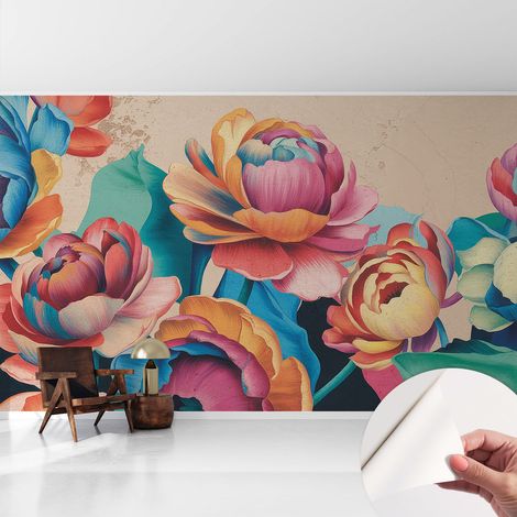 Papier peint autocollant Mural avec colle pour salon et chambre Décoration murale rapide Harmonie florale 416x254 cm (1/5)