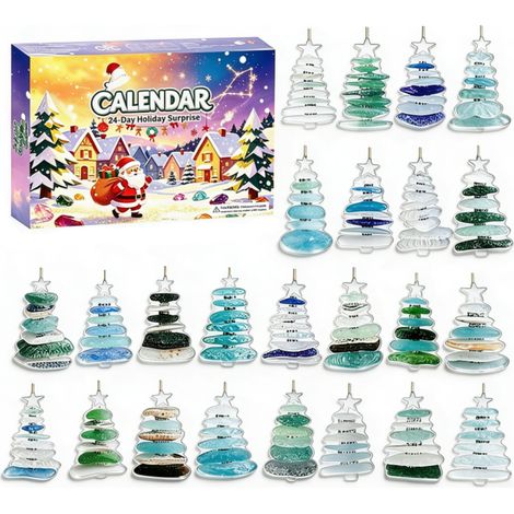 Calendario de Adviento de 24 días - Caja Misteriosa - Árbol de Navidad decorativo de acrílico 2D estilo cristal marino (azul claro) (1/4)