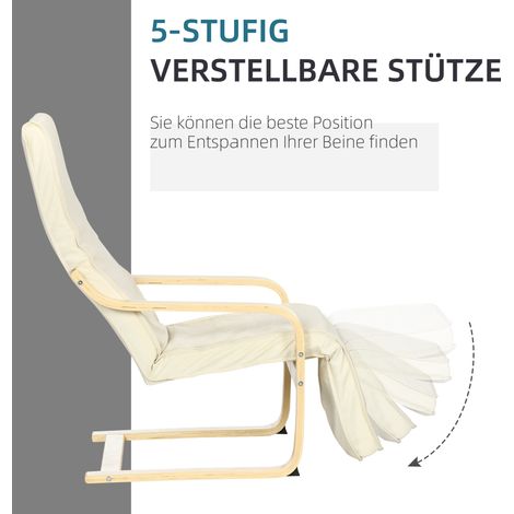 Chaise longue avec coussin, repose-jambes ajustable 5 positions, bois de bouleau, charge max 120 kg, 66,5 x 94 x 100 cm, blanc crème (1/4)