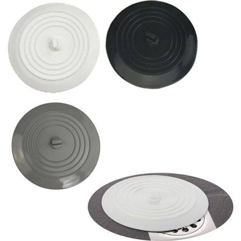 Bouchon de vidange en silicone, lot de 3 bouchons universels pour baignoire, douche, évier de cuisine et lavabo, anti-odeur, couleurs noir, blanc et gris (1/5)