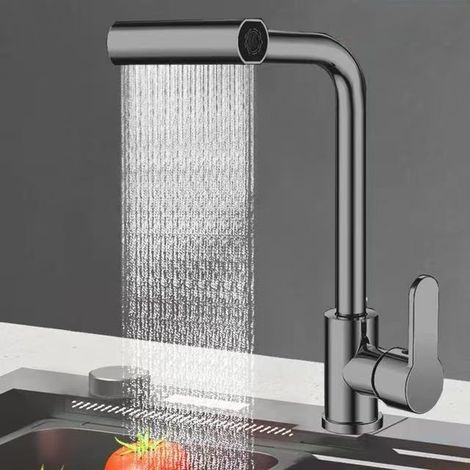 Export-oriented waterfall faucet, kitchen hot and cold water faucet with four settings, suitable for sinks and balconies, rotating hot and cold water faucet - gunmetal gray PVC steel [hot and cold]