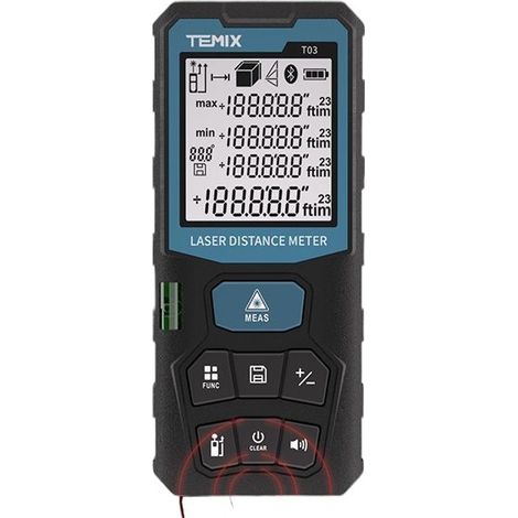 Télémètre laser numérique avec 2 niveaux à bulle — Portable, écran LCD rétroéclairé avec sélection des unités (m/po/pi) et fonctions de mesure de distance, surface, volume et pythagoricienne.