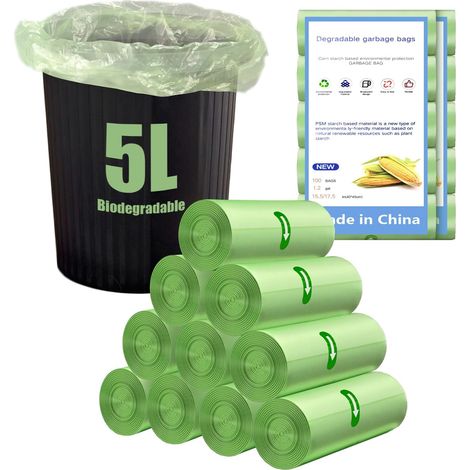 200 Pièces Sac Poubelle Biodégradables 5L, 10 Rollen 40x45cm Sacs Poubelle, 1.2 Gal Ultra Résistant Trash Bag pour Cuisine, Maison, Bureau, Vert (1/5)