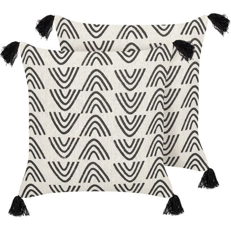 Coussins Décoratifs en Coton Motif Géométrique et Pompons Blanc et Noir 45x45 cm Mays