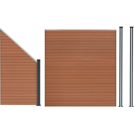 Pannello Recinzione con Elemento Angolare + 3 Pali in Metallo LED 185x273cm Marrone Effetto Legno Bifacciale Frangivista Esterno Giardino Patio Alluminio WPC con Illuminazione Solare