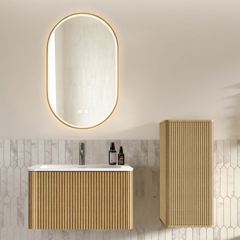 Set mobile bagno sospeso 80 cm con lavabo, colonna laterale e specchio LED ovale effetto rovere (1/5)