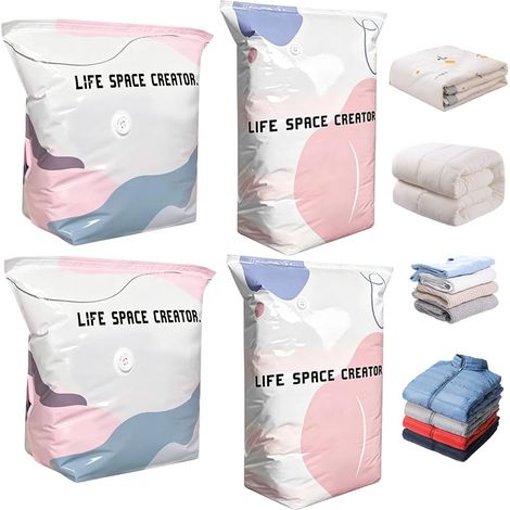 No‑Pump Lot de 4 sacs de rangement sous vide sans pompe, sacs de rangement sous vide 3D sans pompe, sacs de compression hermétiques pour vêtements, coussins, couettes, couvertures (M + L) (1/5)