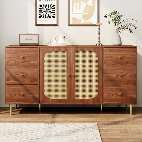 Buffet 160×40×90 cm en rotin brun – meuble de rangement avec tiroirs pour salon, cuisine et maison (1/5)