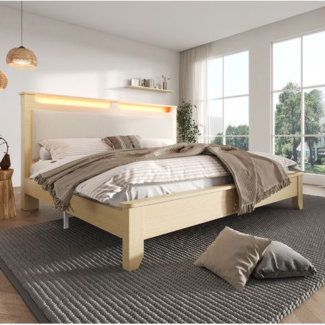 Cama doble para adulto 180x200 cm, madera beige, con almacenaje, sin colchón FloraGrace (1/5)