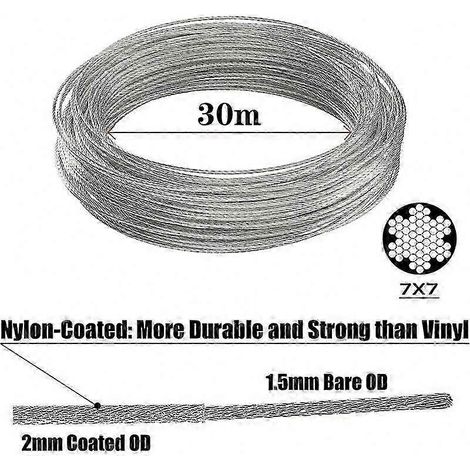 Support de suspension polyvalent : kit de suspension avec corde en acier inoxydable revêtue de 30 m, câble de 2 mm, tendeur et crochets pour cordes à linge, plantes et suspensions légères. (1/4)