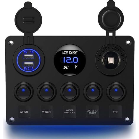 1 Piece Rocker Switch Panel 5 Positions with Circuit Breakers, 15A In-Line Fuse, Digital Voltmeter, USB Charger and 12V Cigarette Lighter Socket for Boat, Car (1/5)