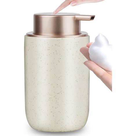 Distributeur de Savon moussant en céramique, 350 ML, Beige, avec Grande tête de Pompe Rechargeable, pour Salle de Bain et Plan de Travail de Cuisine (1/5)