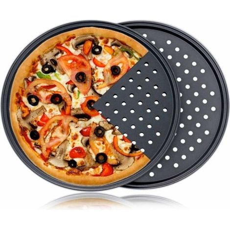 RHAFAYRE Lot de 2 Moules à Pizza Ronds Antiadhésifs Perforés en Acier au Carbone Noir, Grille Résistant Haute Température, Support Idéal Tarte, Quiche, Pizza, Pâtisserie, 32cm (1/4)