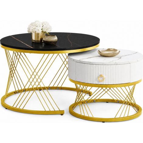 Table basse gigogne design marbre noir et doré, lot de 2 avec tiroir, pieds métal réglables, MDF, pour salon moderne et gain de place – CHICFURN (1/5)