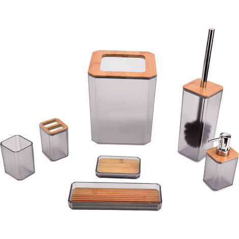 Ensemble d'accessoires de salle de bain en bambou 7 pièces, boîte à savon et porte-brosse à dents, pour la maison et l'hôtel (gris)