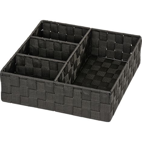 WENKO Organiseur Salle de Bain, Boite de rangement Adria, avec 4 compartiments, Polypropylène, 32x10x32 cm, noir