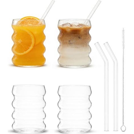 4er-Set Bubble-Gläser 350 ml – Wellenförmige Gläser mit Strohhalmen und Reinigungsbürste für Getränke – Eiskaffee, Whisky, Limonade, Bier und Cocktails (1/5)