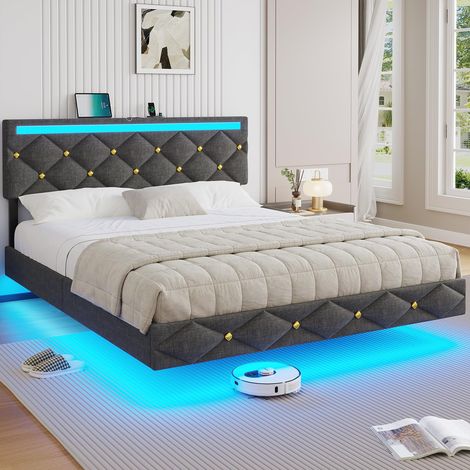 Lit 160 x 200 avec sommier - LED Réglable, Lits 2 Places avec Rembourré Tête de Lit, Cadre de Lits 160 x 200 cm avec Lattes en Bois et Multiprise, Bed Flottant avec Strass Capitonné en Lin Gris (1/5)
