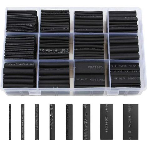 Gaine Thermorétractable 650pcs Tube Thermorétractable Noir 8 Tailles Ratio 2:1 Gaine Thermo Retractable Kit, Noire (1/5)