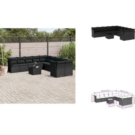 11-tlg. Garten-Sofagarnitur mit Kissen Schwarz Poly Rattan - Gartensorganisation - Gartenmöbelset - Gartenlounge - Esstischgarnitur - Balkonmöbel (1/3)