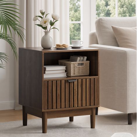 Nachttisch Mid-Century modern aus MDF in Walnuss mit 1 Schublade, offenem Fach und Holzbeinen 45 x 39 x 56,5 cm