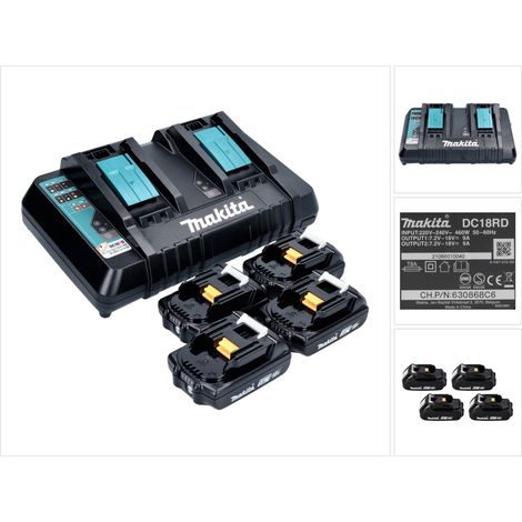 Kit di alimentazione Makita 18 V con 4x batterie BL 1820 B 2,0 Ah ( 4x 197254-9 ) + caricatore rapido doppio DC 18 RD ( 196933-6 )