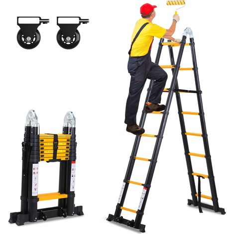 Jiubiaz Escalera telescópica negra Pro 5m 150kg, patas antideslizantes